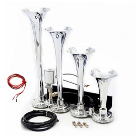 Viping Four Tube Silver Car Horn - Electromagnetic Electric Horn Solenoid Control Air Horn Waterproof Whistle 12V 175DB Loud Motor Car Sound Valve for Vehicles, Trucks, Trains, Boats, Lorries, Vans