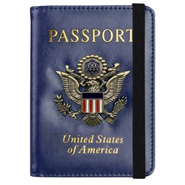 Ciana portafolios de pasaporte con bloqueo RFID de piel para pasaporte RFIX con ranura para tarjeta de vacunación, Azul