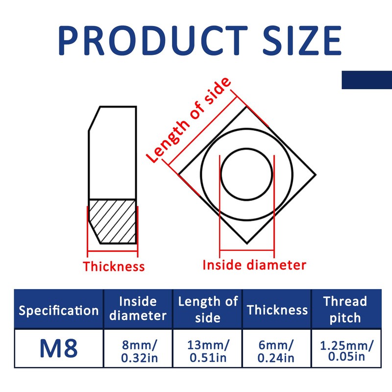 20 Pcs M8 Square Nuts,304 Stainless Steel Machine Square Screw