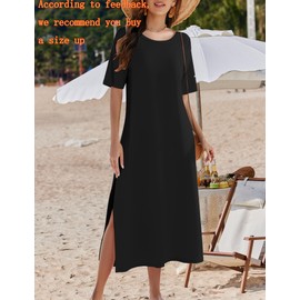 Zeagoo Sundress Black Dress Women's Casual Loose A Line Crewneck Split Maxi Cover Up Holiday Beach Tropical Bohemian 2025 Shift Sun Dress Outfits with Pockets Black L