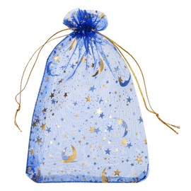 sourcing map Organza Bag 5" x 7", Sheer Moon Star Mesh Bags Drawstring Gift Bags Bulk Party Favor Bag Jewelry Pouches for Wedding Candy Valentines (Bright Blue-Gold, Pack of 100)