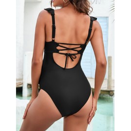 CUPSHE Women Swimsuit Maternity One Piece Bathing Suit Deep V Neck Ruffle Back Tie Ruching Adjustable Straps Swimwear Black M