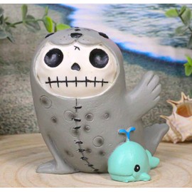 Ebros Gift Larger Furry Bones Collectible Sea Marine Ocean World Marine Elephant Seal with Mini Whale Friend Skeleton Monster Figurine 3.25" H Furrybones Collector Sculpture