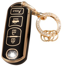 WSAuto for Mazda Key Fob Cover Soft 3 4 Buttons TPU Protection Car Key Case Shell with Fashion Gold Bling Keychain Compatible with Mazda 3 6 8 Miata MX-5 CX-3 CX-5 CX-7 CX-9 Smart Remote Keyless black