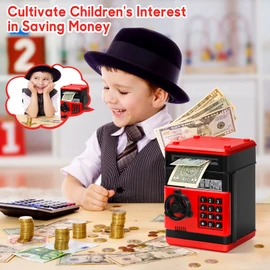 Electronic Piggy Bank for Kids, Money Bank with Password/Cute Mini ATM Piggy Bank Coin Can, Auto Scroll cash Safe Box, Great and Practical Birthday Gifts for Boys & Girls (Black and Red)