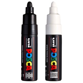 Posca Uni PC-7M Marker Art Pen - Large Bullet Tip - 4.5-5.5mm Nib - [Pack of 2] - Black and White