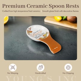 Young's Inc. Ceramic Spoon Rest for Stove Top with Kitchen Towels, Festive Kitchenware, Fall Leaves Autumn Gift Set, Spoon Holder for Kitchen Counter with Tea Towel Set, 3 Ast.