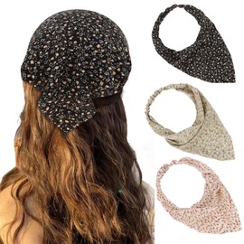 CURASA 3PCS Floral Hair Scarf Headband for Women Triangle Elastic Head Bandanas Vintage Boho Non Slip Headpiece Fashion Stretch Knitted Headwrap Turban With Hair Pins Portable Printed Hair Ties