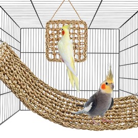 2Pcs Natural Sea Grass Parrot Mat - Foraging Chew Wall Toy with Climbing Rope & Hook, Hanging Play Pad for Lovebirds/Cockatoos/Budgerigars/Conures/Pigeons | 2 Sizes29.53x6.89 &7.48x7.48 Inches