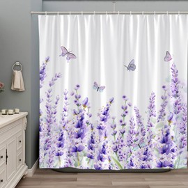 Lavender Flower Butterfly Shower Curtain Rustic Purple Floral Plant Wildflowers Watercolor Farmhouse Bathroom Bathtub Home Decor Set Polyester Fabric with Hooks 70Wx70H Inch