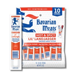 Bavarian Meats Hot & Spicy Lil' Landjaeger Meat Sticks, Individually Wrapped Smoked Sausage Protein Snacks, Zero Sugar, Great Source of Protein, Gluten Free, Keto Friendly Low Carb Snack, 0.5 Ounce (Pack of 10)