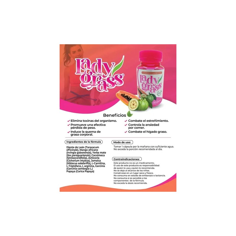 Lady Grass 30 Caps Papaya Diente De Leon Para Desintoxicar