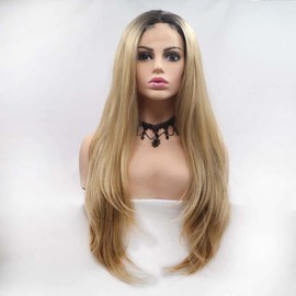 Melody U Part Lace Wig With Dark Roots Blonde Long Straight Gold Synthetic Lace Wigs For Women Hair Heat Resistant Fiber Hair Wig Cosplay Wigs 24 Inch …
