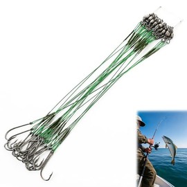 WUBAYI Pack of 20 Fishing Hooks with Leader (20 cm Green) - Steel Leader Pike & Predator Bait, Corrosion-Resistant Carbon Steel, Barbs for Fresh/Saltwater