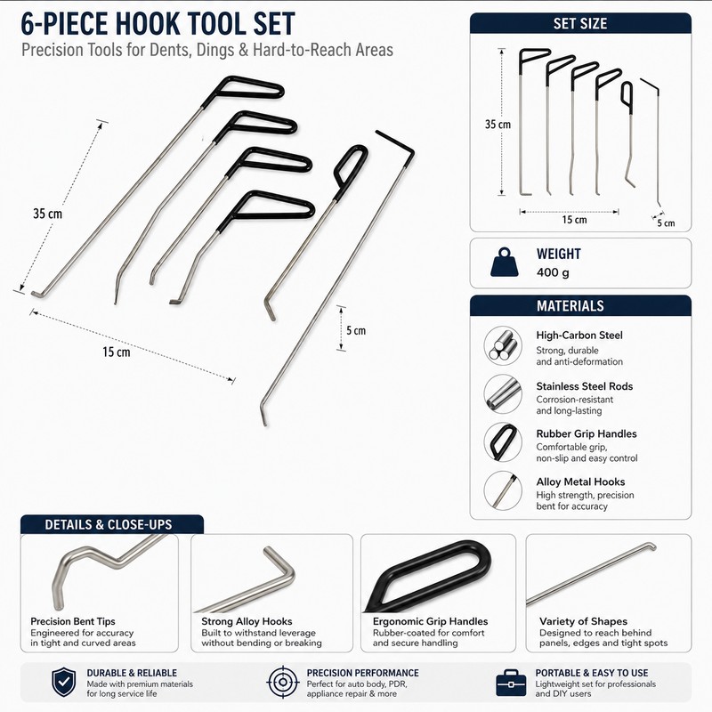 6-Piece Paintless Dent Repair Tool Set for Cars – Steel