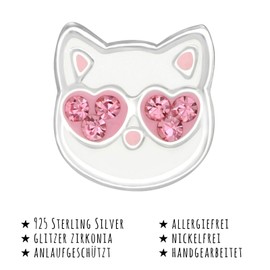 Monkimau Girls' Earrings Cat Stud Earrings Made of 925 Sterling Silver with 12 Crystals Hearts, Sterling Silver