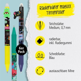 Online magiXX, 6 x Fun Cool Eraser Pens, Gel Pens, Blue Erasable with 0.7 mm Line Width, Rollerball Pen for Learning to Write, Office, Compatible with Frixion Refill, Erasable Ballpoint Pen