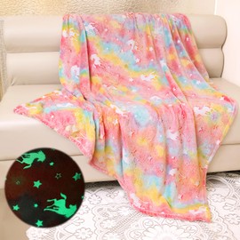 Unicorn Blanket for Girls, Unicorn Glow in The Dark Blanket, Pink Unicorn Blanket for Kids, Soft Fleece Blanket Throw 50"x60"