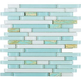 TNLQG-02 Light Blue Green Glass Stripe Floral Mosaic Tile-Kitchen and Bath backsplash Wall Tile (1 Sheet)