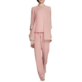Zongqiven Women's Mother of The Bride Pants Suits Full Length Chiffon Lace 3/4 Sleeve 3 Pcs Wedding Sets Pink
