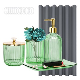 Green Bathroom Accessories and Shower Curtains Set, 4PCS Glass Bathroom Set Complete of Soap Dispenser, Toothbrush Holder, Apothecary Jar, Vanity Tray, Decorative Dorm Home Decor and Housewarming Gift