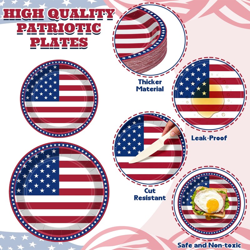 48PCS 4th of July Plates, Red White Blue Patriotic Paper
