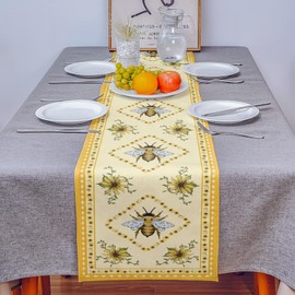 Bee Table Runner 108 Inches Long,Farmhouse Yellow Daisy Linen Burlap Tables Runners,Summer Dresser Scarves for Kitchen Dining Party Banquet Decor,Bumblebee Honey Bee Flowers