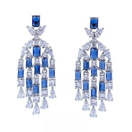 Sapphire Rhodium Plated with Simulated Sapphire & Cubic Zirconia Drop Stud Earrings