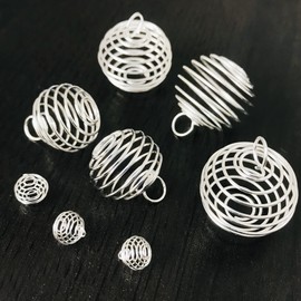 Woohome 60 PCS Bead Cage Pendant Spiral Beads, 4 Size Silver Plated Stone Holder with 10 PCS Black Wax Rope, Jump Rings for Jewelry Making and Crafting