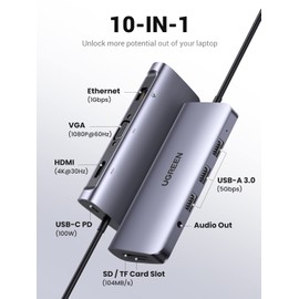 UGREEN USB C Hub 10-in-1 USB Hub Type-C 4K HDMI & VGA Output 100W Power Delivery 1Gbps Gigabit Ethernet LAN Ports 3 USB 3.0 Ports 3.5mm Ports SD/Micro SD Card Reader Slot Docking Station Compatible