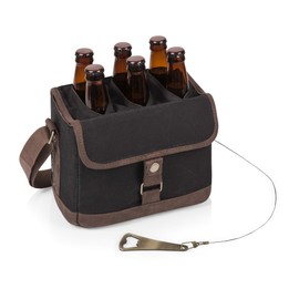 PICNIC TIME Beer Caddy with Beer Bottle Opener, 6-Pack Drink Caddy, Beer Cooler Tote, Beer Gifts for Men, (Black with Brown Accents)