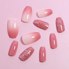 Red Gradient Acrylic Press on Nails Short Coffin False Nails with Glitter Sequins Designs Red Full Cover Stick on Nails Artificial Short Ballerina Fake Nails for Girls & Women 24 Pcs