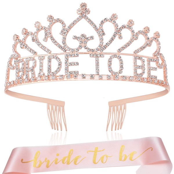 Coucoland Women’s Bride to Be Crown Tiara and Bride to Be Sash Crystal Rhinestone Tiara Headband for Wedding Bridal Shower(Rose Gold)