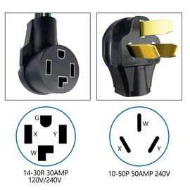 NEMA 10-50P Male to Dryer 14-30R Female with Ground Wire, 30A, 125V/250V, 18.9inch