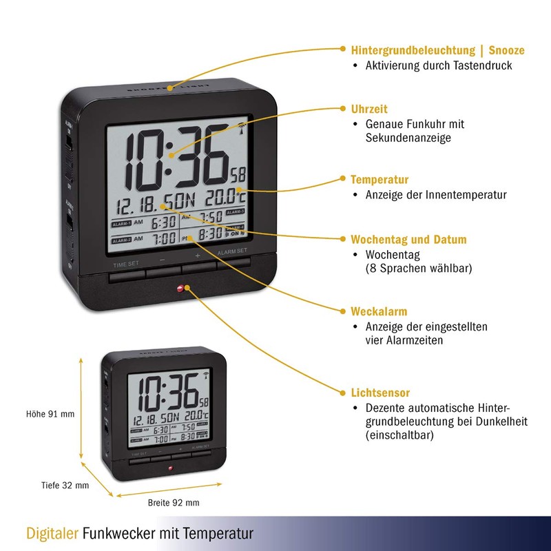 TFA Dostmann 60.2536 Digital Radio Controlled Alarm Clock with 4