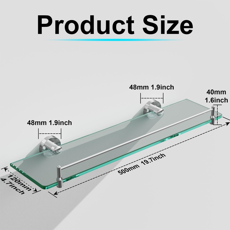 KOCOK 20 Inches Glass Shelves for Bathroom, Chrome Polished Floating