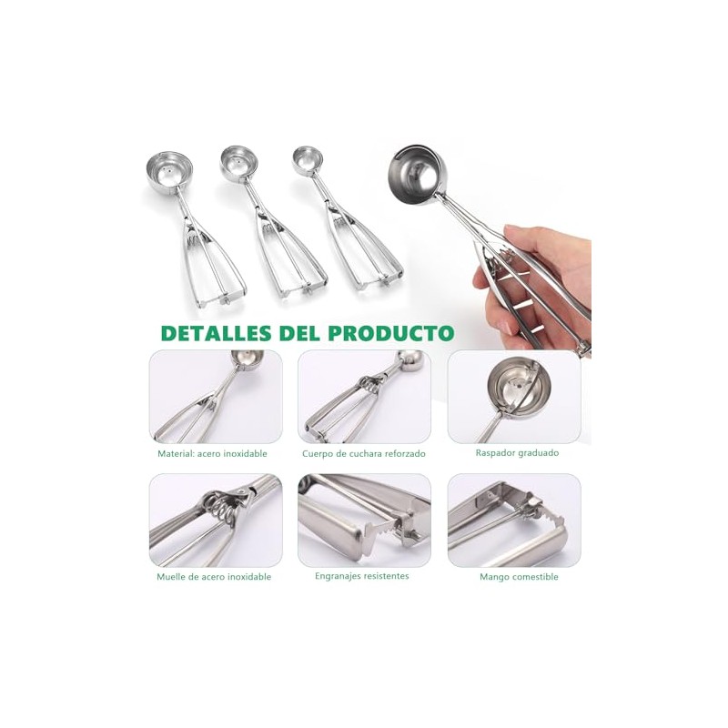 3 Piezas Cuchara para Helado, Acero Inoxidable, Cucharadas de Galletas