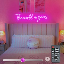 28-IN Large The World Is Yours Neon Sign for Bedroom, Timming Dimmable Remote, Pink Signs "The World Is Yours Neon Sign" for Wall Decor, Game Room, Birthday Christmas Gifts, Party Backdrop Decoration