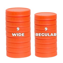 Bedgeta 18 Pack 9 Wide Mouth & 9 Regular Mouth Mason Jar Lids with Silicone Rings,Thickened Leak-proof Lids Fit Ball,Kerr and More, Orange Plastic Lids, 86mm & 70mm Plastic Mason Jar Lids(Orange)