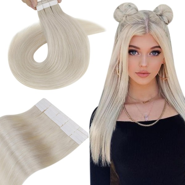 Hetto Real Hair Injected Tape-In Extensions, Blonde Tape-In Real Hair Extensions, Remy Tape-In Hair Extensions, Real Hair, Platinum Blonde #60, 5 Pieces, 45 cm, 12.5 g