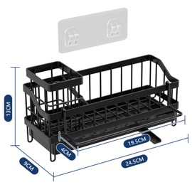 FOXWHALE Spülbecken Organizer Schmal, Schwarz Küchen Organizer Spüle mit Abflusspfanne & Lappenhalter, Küchenablage Wand Ohne Bohren für Bürsten/Handtücher