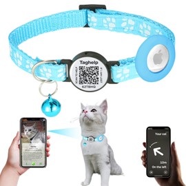 Reflective AirTag Cat Collar with Air Tag Holder and Bell, Safety Elastic Band Cat GPS Collars for Girl Boy Cats, Kittens and Puppies, Quick Release, Fits Most Cats (Blue Cute paw Print)