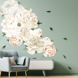 White Peony Wall Decals for Girls Bedroom Vinyl Flower Wall Decals Peel and Stick Floral Wall Stickers for Kids Room Baby Nursery