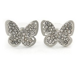 Silver Plated Clear Crystal Butterfly Stud Earrings/ 18mm
