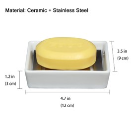 SZDPC Soap Dish for Bar Soap, Bathroom Soap Holder for Shower, White Ceramic Soap Tray with Stainless Steel Draining Holder