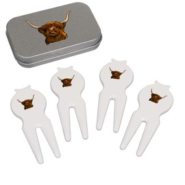 Azeeda 'Highland Cow Head' Golf Divot Tool/Repair Fork Gift Set (GO00036919)