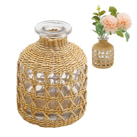 Flower Vases with Rattan Cover, Straw Woven Glass Vase, Rattan Woven Vase Decorative, Glass Flower Vase, Boho Glass Flower Vase, Vase for Home Flower Arrangement Table Decoration, 5.3''X3.5'',B Style