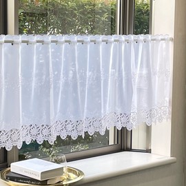 Intelix CF3-100-60 Embroidered Lace Small Window, Japanese Sewing, Width 39.4 inches (100 cm), Length 23.6 inches (60 cm), Cafe Curtain, Aster, White