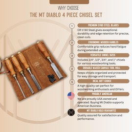 Mt Diablo Woodworking Tools 4 Piece Chisel Set - Premium CV60 Steel Wood Chisel Sets with Ergonomic Handles, Includes 1/4" 1/2" 3/4" 1" Widths - Ideal for Woodworkers - Durable Waxed Canvas Tool Roll