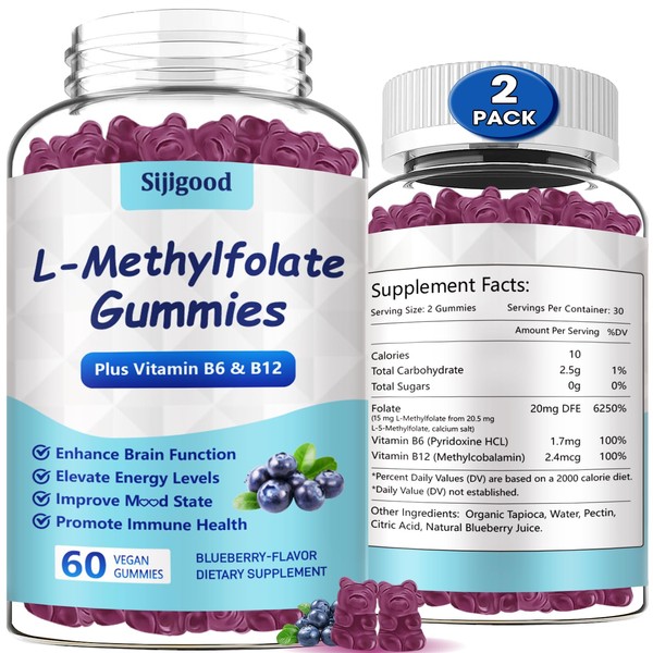 Sijigood 2 Pack L-Methylfolate 15mg Gummies with Methyl B12 -